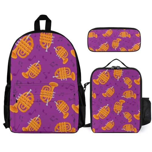 Juiimr Golden Trombones of Music Notes Pattern 3 Piece Backpack Sets With Lunch Bag Pencil Case Combination Hiking Travel Work