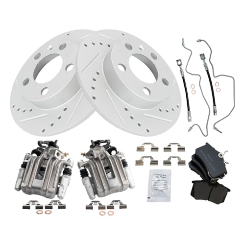 Image of TRQ Performance Rear Brake Pad and Rotor Set Semi Metallic Drilled Slotted Coated Rotors Calipers Compatible with 2007-2010 Volkswagen Beetle 1999 Golf