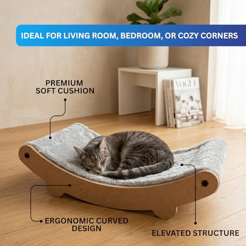 Image of Cat Hammock Bed with Plush Cushion, Wooden Curved Rocker Design, 23x13x6 Inch, Premium Comfort Lounger for Cats (FURR-162) (Grey)