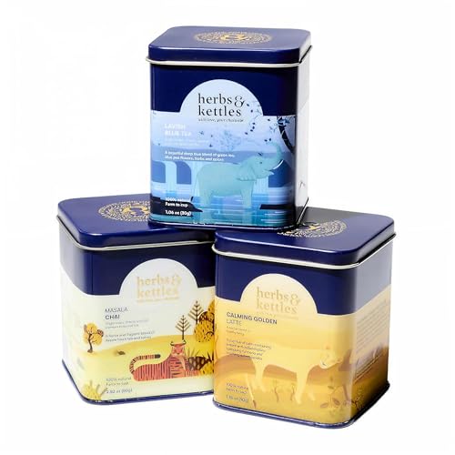 Herbs &amp; Kettles Chai - Tea Gift Combo Set - Masala Chai, Calming Golden Latte &amp; Lavish Blue Tea - Premium Loose Leaf Tea Collection - (3 Pack)