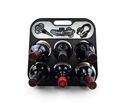 BlizeTec Countertop Wine Racks: Foldable 2 Tier 6 Bottle Holder with Foil Cutter, Wine Opener and Zinc Alloy Wine Stopper; Food Pairing Guide Included