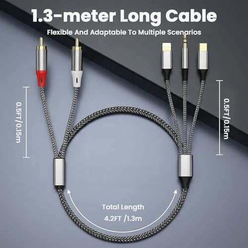 Image of ZORBES 3-in-1 RCA Audio Cable 1.3M /4.26FT, AUX Cable with Lighting /USB-C /3.5mm to RCA, Braided Stereo with Dual Male (Red /White), Hi-Fi Sound for Power Amplifier, Car, Home Theater, Speaker