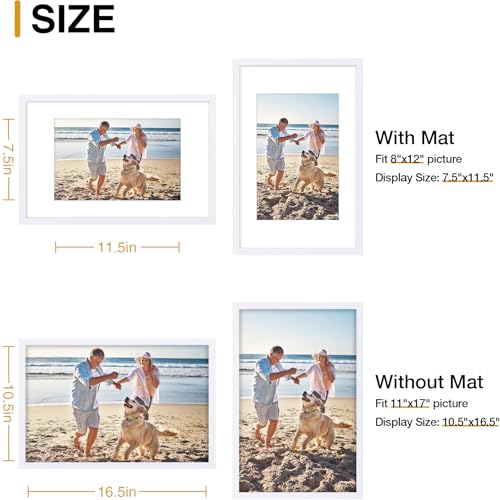 decorUhome 11x17 Picture Frame, Display Pictures 8x12 with Mat or 11x17 without Mat, Wall Hanging Poster Frame, White, 1 Pack