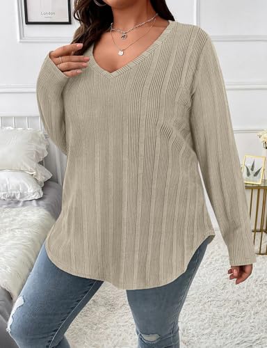 Image of Koscacy Women Plus Size Casual Knit Sweater V Neck Solid Color Tops Lightweight Long Sleeve Blouses