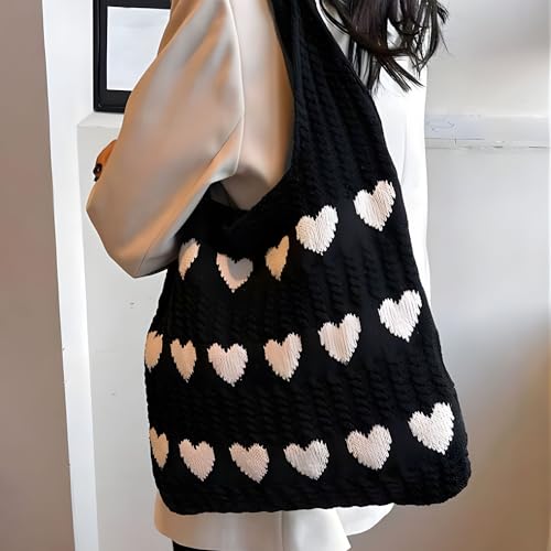 Image of Cotton Knitted Heart Pattern Tote Bag for Women - Large, Stylish & Durable Black Shoulder Handbag for Everyday Use, Travel, Shopping, Work & Beach (Pack of 1)