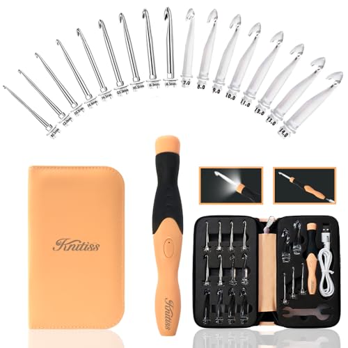 Knitiss Leuchtendes Häkelnadel-Set 17 Größen 2 5 mm ~ 14 0 mm wiederaufladbare Häkelnadeln mit Lichtern ergonomische Häkelnadel mit weichem Griff