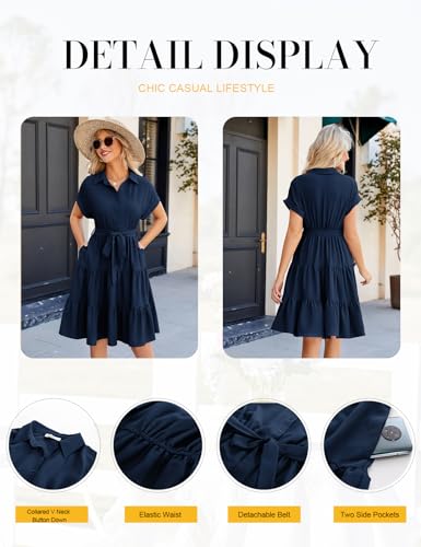 JASAMBAC Women's Button Down Shirt Dress 2025 Casual Work Summer Collared V Neck Elastic Waist Flowy Pocket Beach Sundress - Image 4