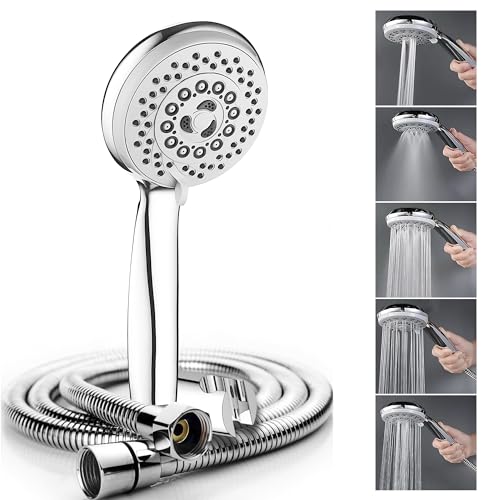 Image of High Grade 4-Inches ABS Multi Function 5-Mode Bathroom Hand Shower set with Mist,Massage & Rain functions with Stainless Steel 1.5 Meters tube & Wall Hook, Polished Finish (Chrome)