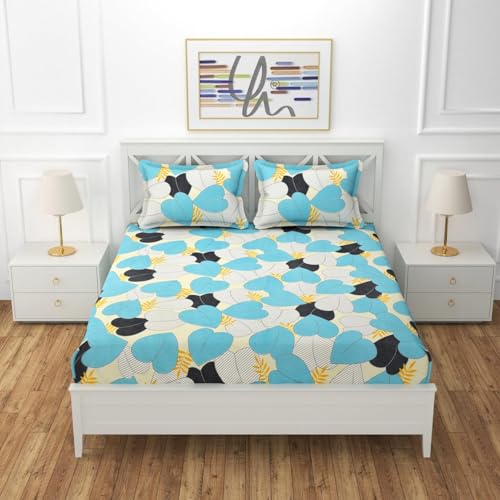 Image of Fitted Bedsheet King Size Double Bed with 2 Matching Pillow Covers, Glace Cotton All-Around Elastic 210 TC Premium Bed Sheets, (72x78x8 Inches, Blue Leaf Print