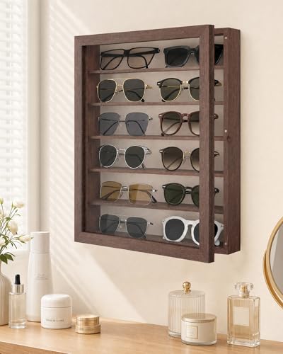 Image of TJ.MOREE Sunglasses Organizer Storage Wall Mounted Eyeglasses Display Case | 13 x 15.6 inches Glasses Holder 6 Tier, Wood
