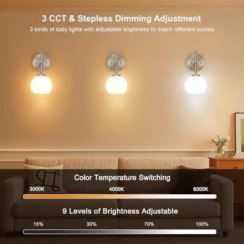 Image of Brushed Nickel Battery Operated Wall Sconce Set of 2, Wireless Rechargeable Sconces Wall Lighting with Remote Control, LED Wall Lights with Opal White Glass Shade, 12 Colors RGB & 3 CCT Bulb