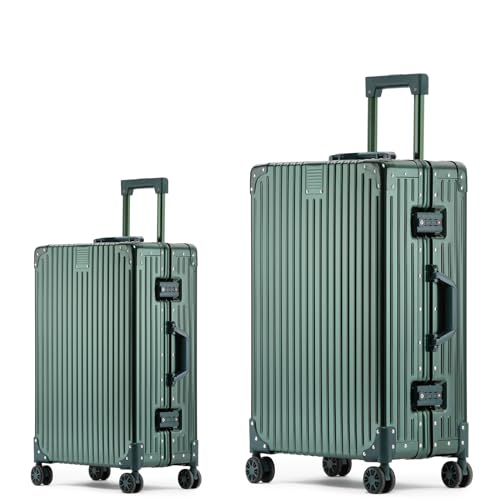 ロック付きプレミアムオールアルミ製機内持ち込み用スーツケース | ジッパーレスデザイン | 静音ロータリーホイール | ビジネススーツケースセット (ブラック、28インチ)(Dark green,2Piece(20/26))