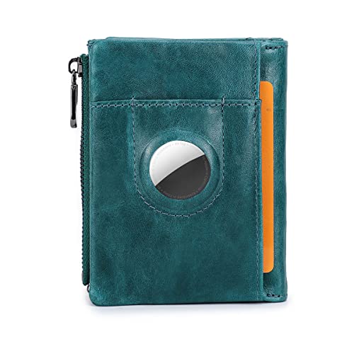 CONTACTS Womens Bifold Wallet Leather, AirTag Minimalist Leather Purse for Women Small Coin Card Zipper Pocket with RFID Blocking (Peacock Blue)