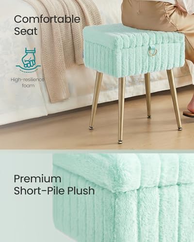 Image of SONGMICS Vanity Stool Chair Faux Fur with Storage, Vanity Bench, Metal Legs, Adjustable Feet, for Living Room, Bedroom, Makeup Room, Moonlight Green ULOM505CZ02