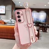 Picture of ZTOFERA for Samsung Galaxy S24 FE 5G Case with Wrist Strap,Luxury Cute Plating Edge Love Hearts Pattern for Girls Women, Finger Holder Kickstand Soft Shockproof Phone Case for Galaxy S24 FE 6.1",Pink