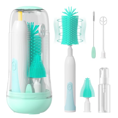 Image of Electric Bottle Brush Cleaner, Rechargable Electric Baby Bottle Brush Cleaner with Nipple & Straw Brush, Travel Baby Bottle Brush with Drying Rack, Perfect Essentials for Mom After Birth, Green