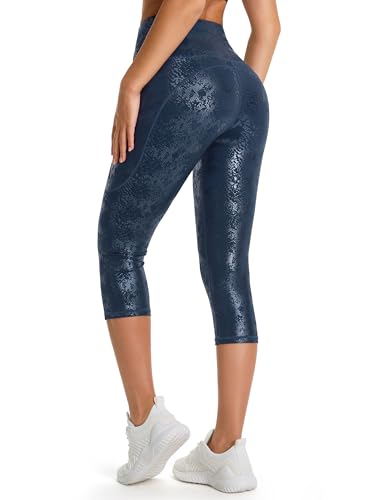 Image of THE GYM PEOPLE Thick High Waist Capris Yoga Pants with Pockets, Tummy Control Workout Running Yoga Leggings for Women
