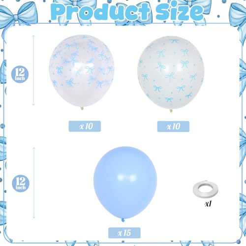 Image of HILAVO Blue Bow Balloons, 12 Inch Pastel Light Blue Transparent White Bow Print Coquette Balloon for Girls Birthday Bachelorette Party Bridal Baby Shower Wedding Anniversary Decorations Supplies