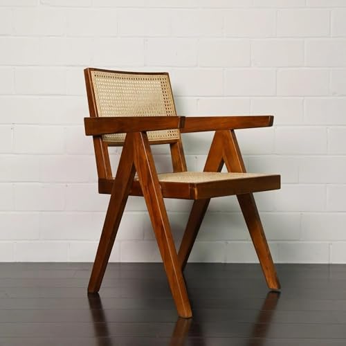 Image of Solid Wooden Rattan Arm Chair | Cane Dining Chair for Living Room, Hall and Office (Set of 4) | Natural Finish | 50D x 50W x 90H Cm