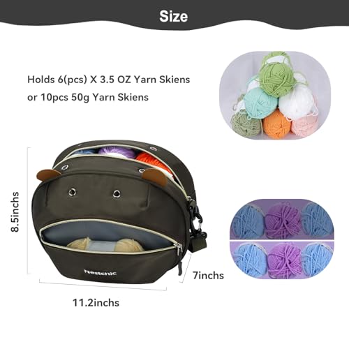 Image of Hippo Yarn Storage Bag Organizer, Cute Portable Knitting Holder with Zipper, Small Craft Project Bag for Crochet, Crochet Accessories & Gifts for Women (Coffee Black)