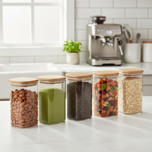Image of ginoya brothers Airtight Borosilicate Glass Square Jar With Wooden Or Steel Lid Multi-Size, Container for Spices, Coffee, Grains, Snacks & Kitchen Organization (4, WOODEN LID, 420 ML)