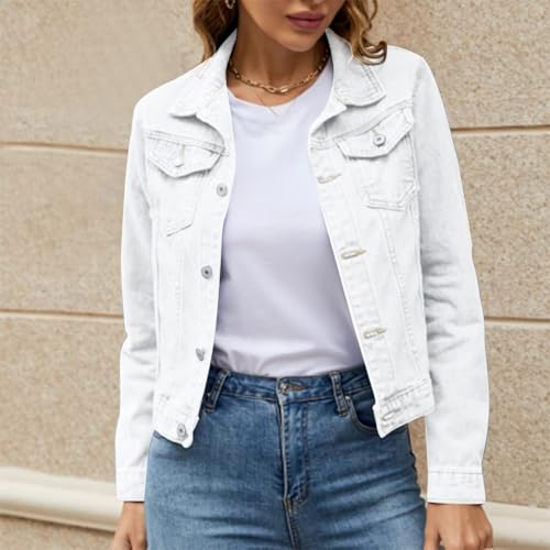 Cropped Denim Jacket for Women Casua Button Down Lapel Long Sleeve Jean Jacket Comfy Solid Cowgirl Outerwear with Pocket4