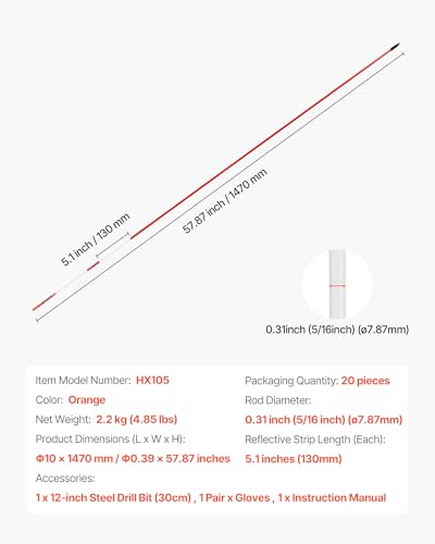 VEVOR Schneestangen, 20 Stk., 147 cm lang, 7,87 mm Durchmesser, Auffahrtstangen mit 30 cm Stahlbohrern, reflektierende Einfahrtsmarkierung, Fiberglasstangen für Parkplätze, Gehwege, Schneeräumen