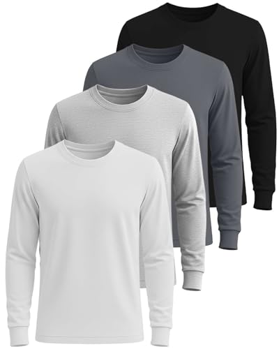 Real Essentials 4 Pack: Men's 100% Cotton Long Sleeve Crew Neck T-Shirt - Soft Work Casual Jersey Tees- Set 3, S