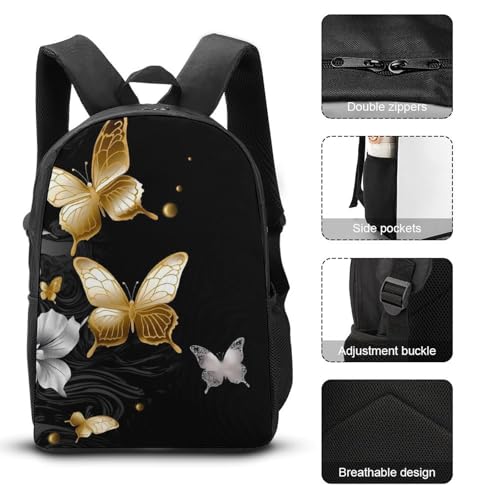 3 Piece Backpack for Women Men Lightweight Causal Daypack Shoulder Bag Set with Insulated Lunch Bag And Pencil Case Organizers Gold White Butterflies Black3