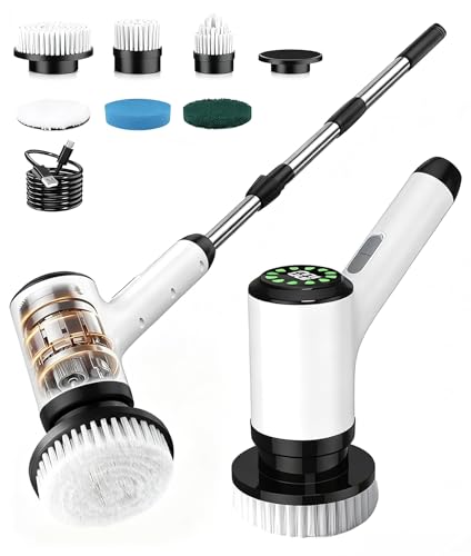 Image of Cordless Electric Spin Scrubber, 6 Brush Heads, Long Handle | Power scrubber, adjustable long handle, IPX7 rated body, lightweight grip, bathroom, kitchen, tile, grout, tub, shower, floor