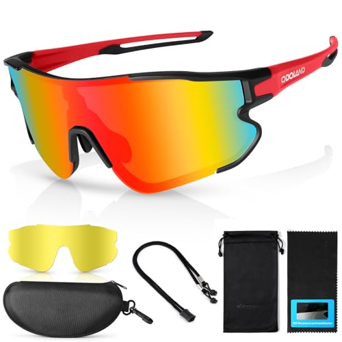 Odoland Polarized Cycling Glasses, Sports Sunglasses UV 400 with Replaceable Night Vision Lenses for Bike, Fishing, Running, Men, Women and Youth Red