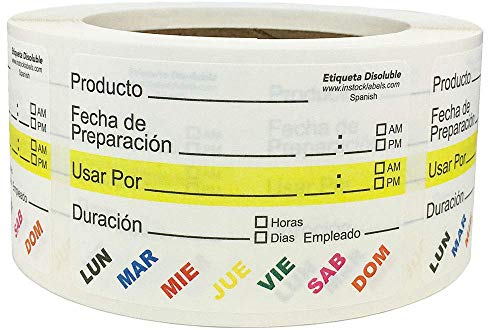 Etiquetas de Rotación de Alimentos Disolubles con Texto en Español, 51 x 76 mm 2 x 3 Pulgadas Etiquetas de Vida Útil 500 Paquete Cover