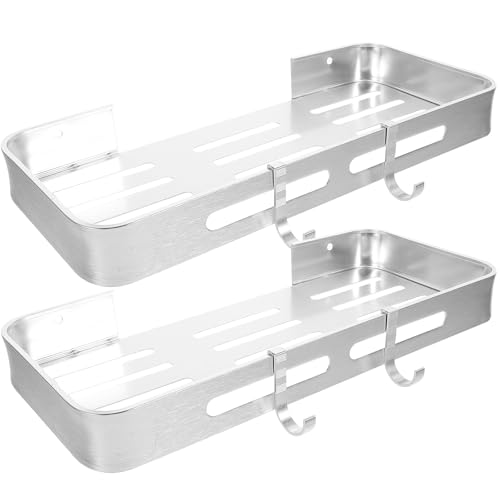 HOLIDYOYO Estantería Baño sin Taladro Doble de Aluminio Espacial Estante Esquinero con Ganchos para Ducha y Cocina Organizador Pared para Accesorios y Repisas Baño