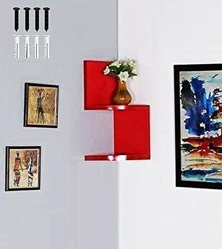 Image of Wall Mount Corner Shelves with Two Tiers for Wall Decoration and Storage Organiser Rack for Living Room, Bedroom, and Office Decor - Made of Wood (red)