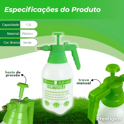 Pulverizador Manual Multiuso, 1,5L, Bico Ajustável, Verde e Branco, Sistema de Pressão com Gatilho