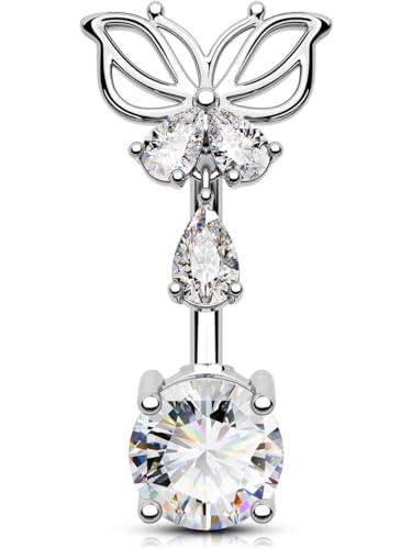 OUFER Belly Button Rings, Butterfly Belly Rings, 316L Surgical Steel Navel Rings, Clear CZ Belly Piercing Jewelry, Dangle Belly Rings For Women Men