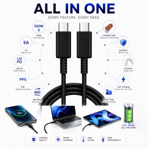 Image of ZYBUX Original 45W Type C To C,Mobile Data Charging Cable For Galaxy Superfast Power Cable A54 / A15 / A14 / A34 / A23 / F54 / F34 / F23 / F14 / M14 / M34 /M33 /S21 Fe /S22 /S23 /S23 Fe 5G /S24,Black