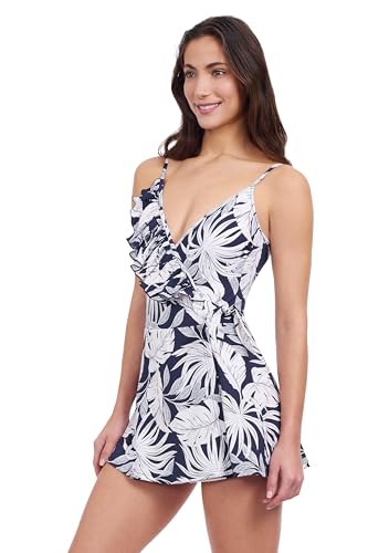 Profile by Gottex Malaya Women’s Teal White Tropical Print Swim Dress with Surplice Neck Ruffle, Soft Cups, and Tummy Control2