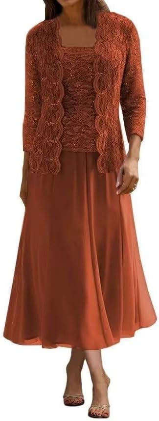 2 Piece Mother of The Bride Dresses for Wedding Tea Length Chiffon Formal Evening Dresses with Jacket