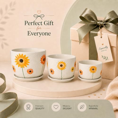 Image of Xtore Charming Sunflower Ceramic Planter Pots Set of 3 with Drainage Trays for Home & Garden Decor l Flower Pots for Indoor Plants, Balcony, Living Room & Office Styling (Multicolor)