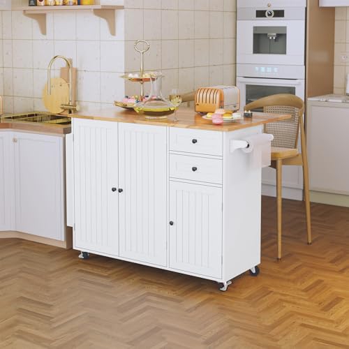 HOLTICO Kitchen Island on Wheels, Kitchen Trolley Storage Islands & Carts with Extendable Rubberwood Worktop, White Rolling Kitchen Island Breakfast Bar with Drawers and Spice Rack