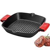 ZOOFOX Cast Iron Grill Pan, 10' Square Skillet with Easy Grease Drain Spout and Two Heat Insulated Silicone Handle Cover, Pre Seasoned Grill Pan for Grilling Bacon, Steak, Meats, Camping