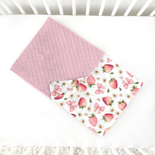Image of Pink Baby Blankets for Girls 30 inch x 40 inch, Soft Double Layer Minky Blanket with Dotted Fleece Back, Nursery Bed Receiving Quilt for Newborn Infant Toddler Shower Gift Strawberry Bow Daisy Theme