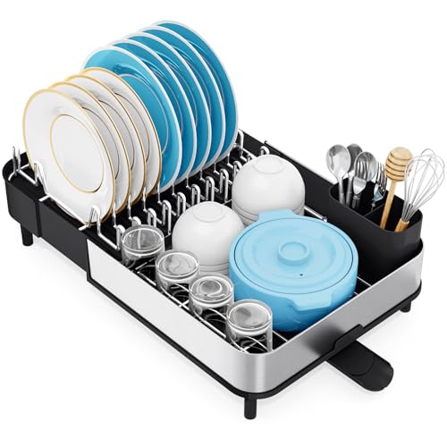 Image of Urackify Dish Drying Rack - Dish Drainer for Kitchen Counter, Stainless Steel Dish Rack with Swivel Draining Spout & Drain Board, Expandable Space-Saving Kitchen Dish Organizer for 3-4 People, Black