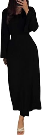 Crewneck Bell Long Sleeve Maxi Dress for Women Dressy Casual Belted High Waist Knit Bodycon Plain Pleated Long Dress
