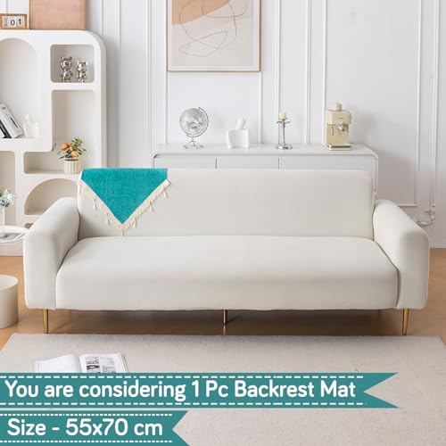 Image of HOKIPO 'Serenity Tassel' Chenille Sofa Back Cover with Tassels - 1 Pc Ocean Teal (IN-894-SBL)
