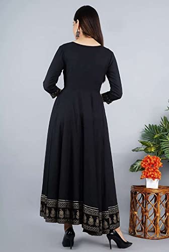 Image of Women's Rayon Golden Flroal Printed Anarkali Kurti