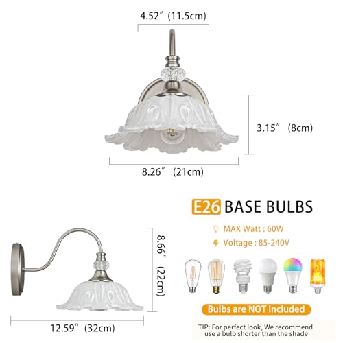Image of 1 Piece Brushed Nickel Wall Sconce with Floral White Glass Shade, Brushed Nickel Finish Wall Mount Lighting for Bathroom, Modern Bathroom Vanity Light Fixture