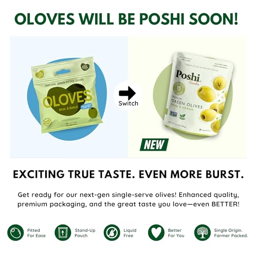 image for Oloves Poshi Green Pitted Olives | Basil & Garlic | Vegan, Kosher, Glu