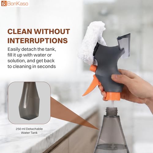 Image of BonKaso Glass Cleaner Spray Mop with Squeegee and Microfiber Pad, 250 ml Spray Bottle, Dual Spray and Stream Nozzle, Window Wiper and Glass Cleaning Tool for Mirrors, Car Windshield and Tiles